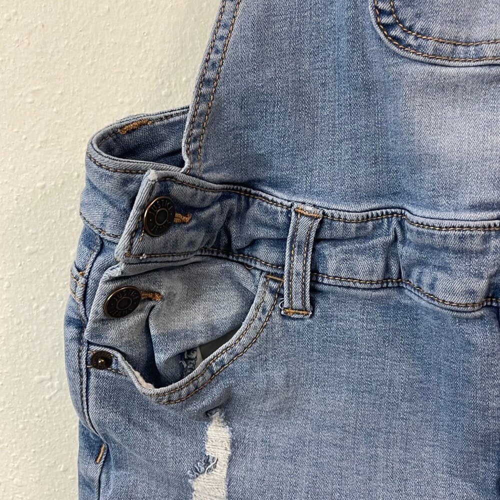 Distressed blue denim short jumpsuit with adjustable white straps, Size 16 - Picture 6 of 12